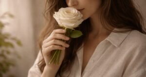 Mâini ținând un trandafir ivory la nivelul abdomenului, cămașă de in, lumină naturală calmă