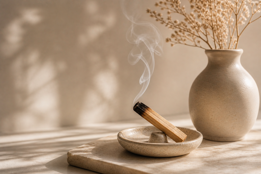 bețișor palo santo aprins într-un vas ceramic, fum delicat, decor minimalist în tonuri bej
