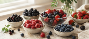 Selecție de afine, zmeură, mure și coacăze pentru o alimentație variată și nutritivă