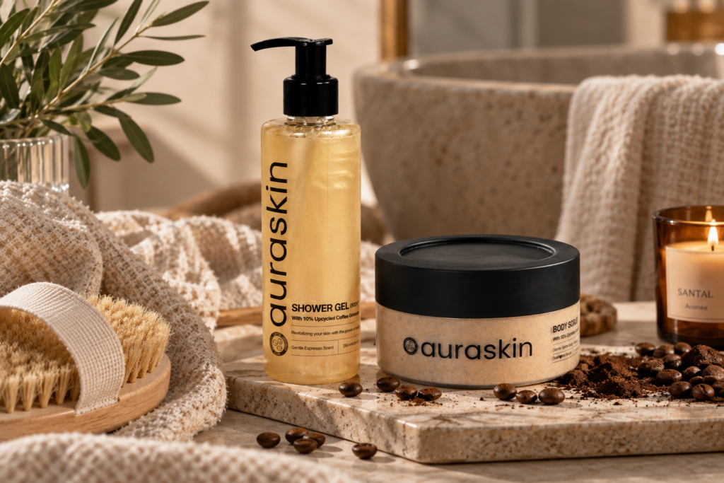 Body Scrub Espresso și gel de duș AuraSkin pentru un ritual de îngrijire cu cafea