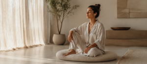 Femeie practicând meditația ghidată într-un spațiu calm și luminos.