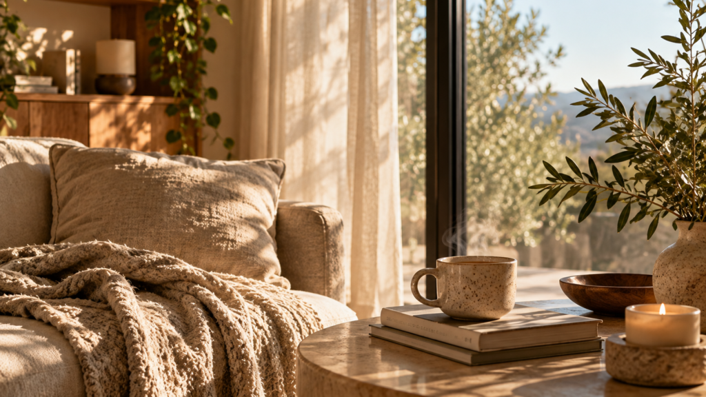 Living contemporan amenajat conform principiilor designului interior psihologic, cu lumină naturală și materiale calde, accesorii și ornamente în culori neutre.